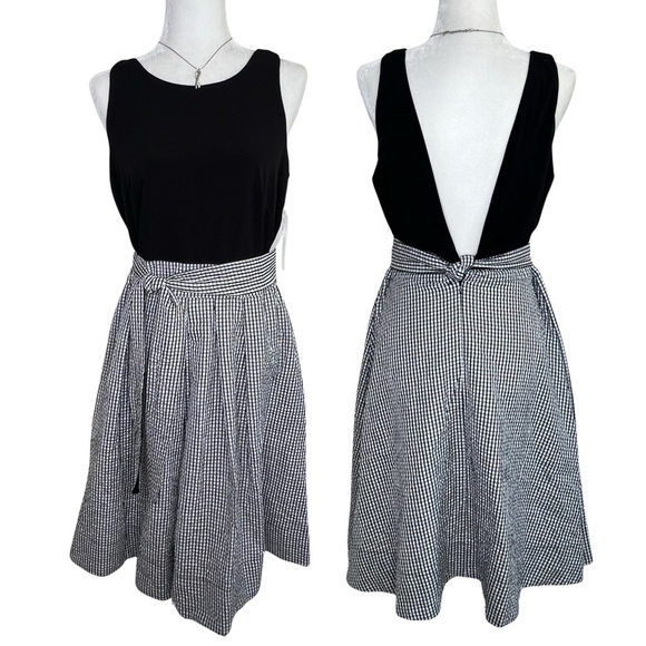 Signature by Robbie Bee Dresses & Skirts - Robbie Bee NEW Dress Tie Waist Gingham Flared Skirt Black White Silver 12 Large